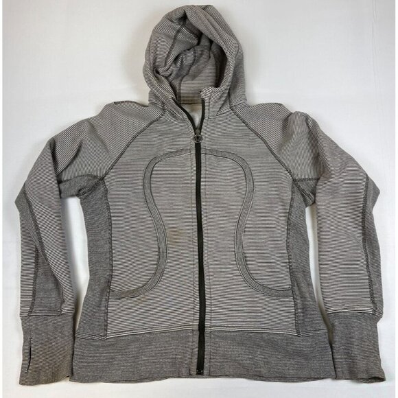 Lululemon Tops - Lululemon Women Striped Full Zip Scuba Hoodie Grey White Size 8 Thumbholes